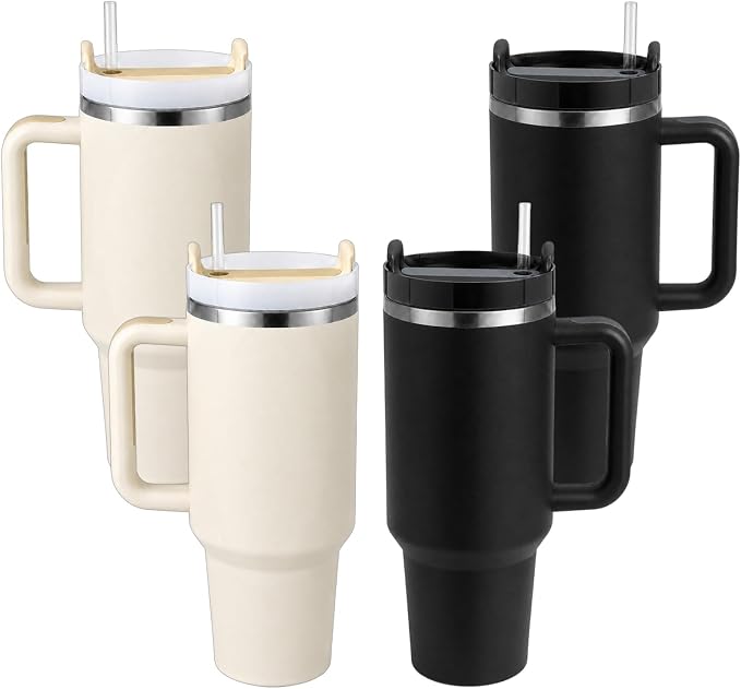 Pandance 4 Pack 40 oz Tumbler with Handle and Straw Bulk, Black & Cream | Stainless Steel Vacuum Insulated Travel Mug, Sturdy Screw-on lid, Cup Holder Friendly, Large Capacity Cup For Iced Coffee