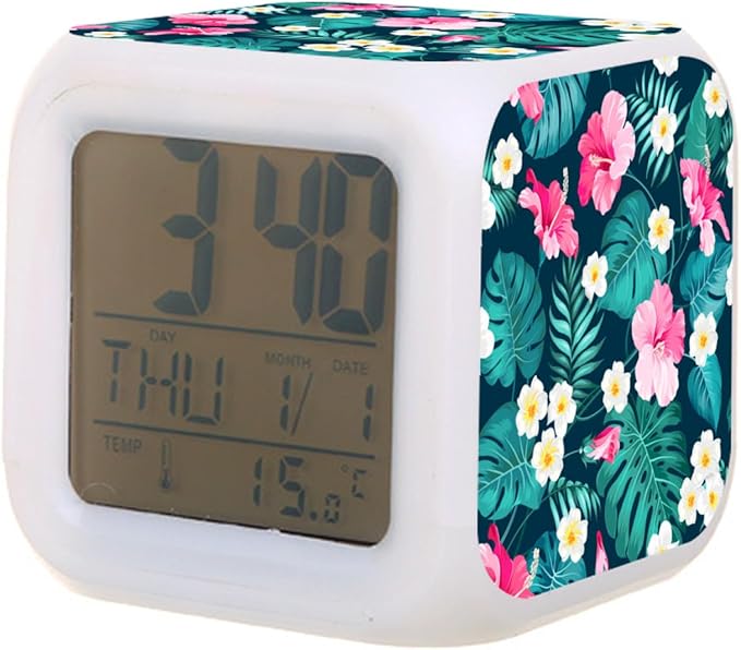 Digital Alarm Clock,Tropical Palm Tree with Flowers 7 Color Change LED Digital Alarm Clock with Date Thermometer for Toddlers,Girls and Boys