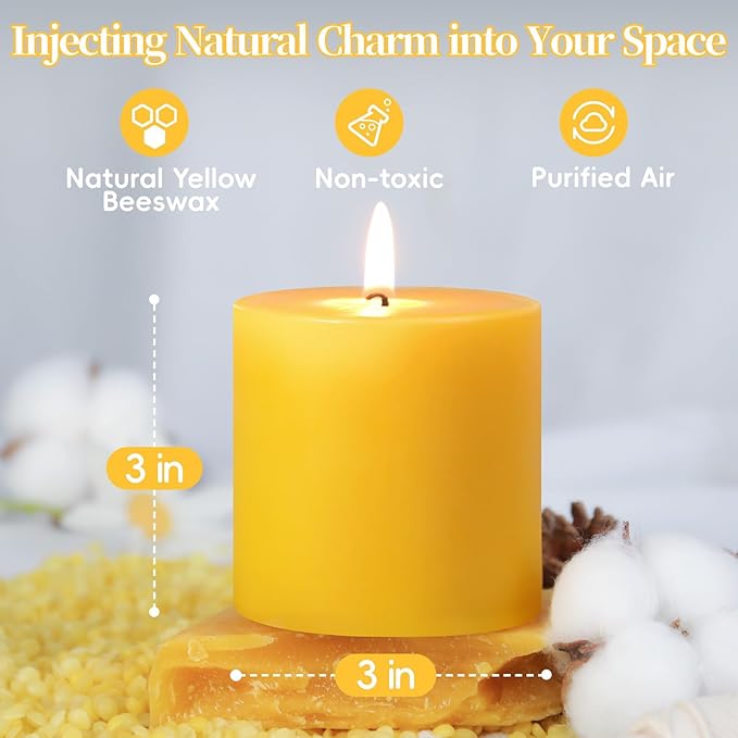 2 Pack Natural Beeswax Pillar Candles,100 Hours Burning Bees Wax Candles for Home, 100% Pure Beeswax Candle for Emergency, Prayer, Smokeless, Non-toxic-3X3 in