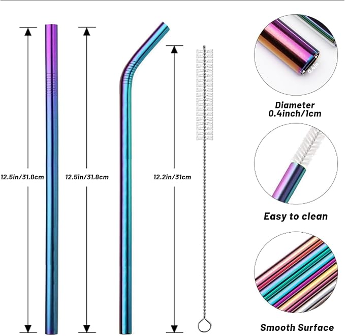 VEHHE Metal Stanley Straw, 12.5-inch Long Stainless Steel Stanley Cup Straw, 4 Pack Reusable Drinking Straws with Cleaning Brush for Stanley Cup Accessories(Rainbow)