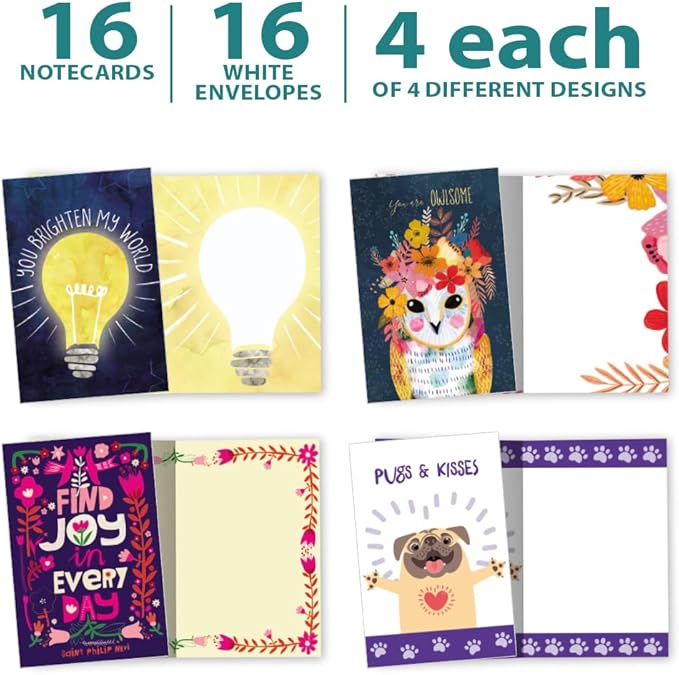 Tree-Free Greetings - All Occasion Cards - Artful Designs - 16 Assorted Cards + White Envelopes - Made in USA - 100% Recycled Paper - 4 x 6 - Brighten (FP54257)