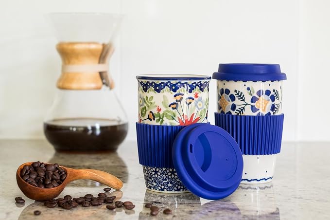 Blue Rose Polish Pottery - Yellow Sunflower Travel Coffee Mug - 12 oz - Mug for On-The-Go, Fits Most Car Cup Holders