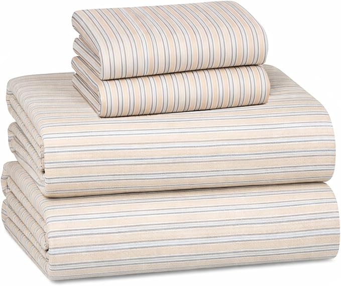 Briarwood Home® 100% Cotton Printed Flannel Sheet Set 4 Piece Brushed Turkish Bedding Super Soft, Warm, Cozy, Deep Pocket & Breathable All Season Sheets & Pillow Set (Oak Stripes, Full)