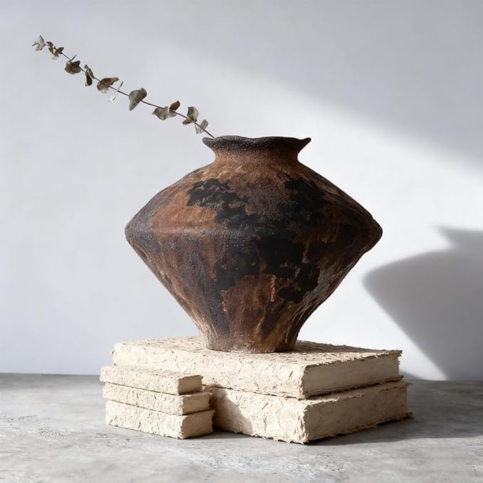 Large Wabi Sabi Vase, 11.5" Wabi Sabi Decor Rustic Vase, Brown Ceramic Vase for Centerpiece, Vintage Farmhouse Decor for Home Decorative, Table, Living Room, Bedroom, Bathroom, Kitchen
