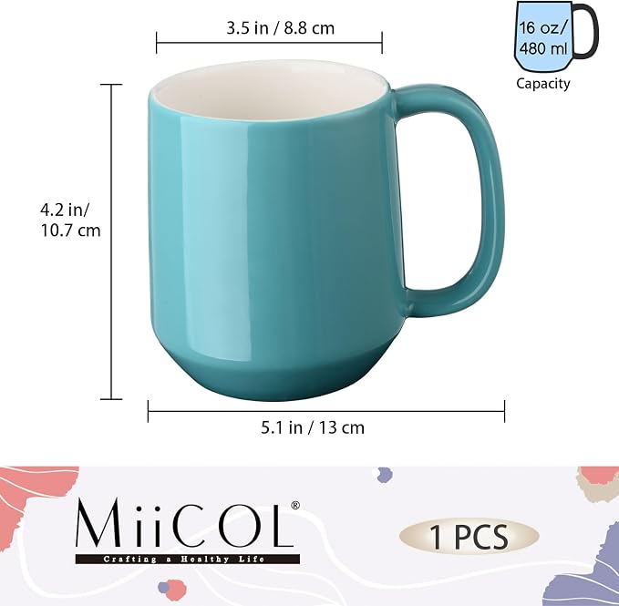 Miicol Ceramic Coffee Mug, 16 oz Large Coffee Cup, Tea Mug with Handle, Flat Bottom Mug for Men, Women, Office, Microwave and Dishwasher Safe, Multi-Color, Mint Blue
