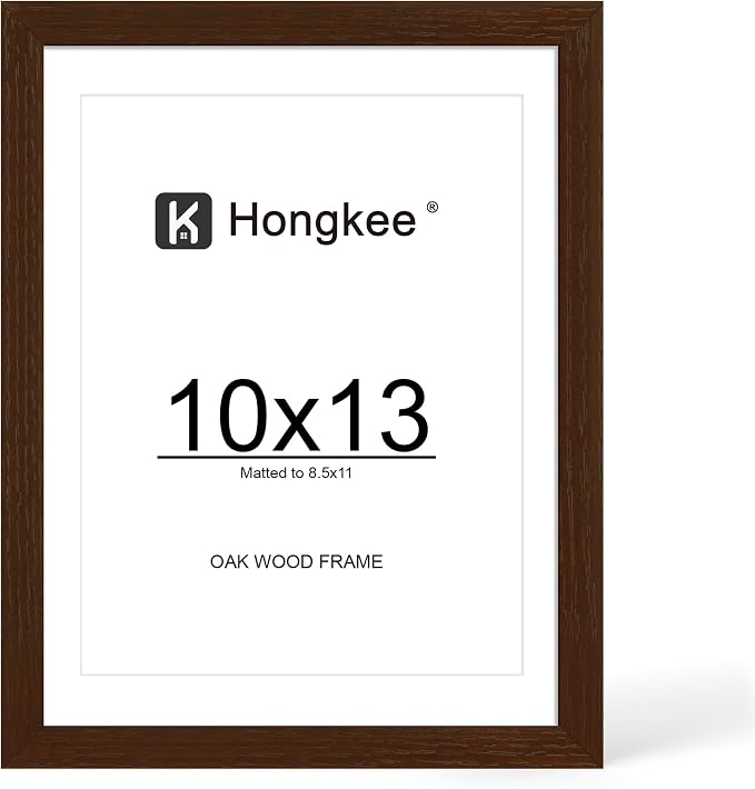 Hongkee 10x13 Oak Wood Picture Frame 1 Pack(Matted 8.5x11) Real Glass Cover | Walnut, 10 x 13 Solid Wood Frame for Wall or Tabletop Display - Includes Easel Back, Vertical Hang - Ideal for Home, Office