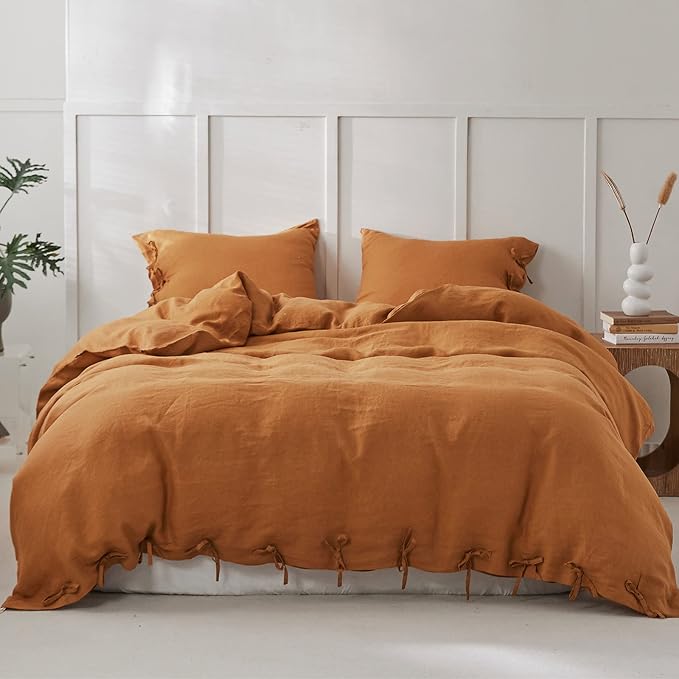 Simple&Opulence 100% Linen Duvet Cover Set 3pcs with Bowknot Ties Closure Natural French Washed Flax Solid Color Soft Breathable Farmhouse Bedding - Rust, King Size