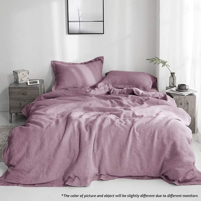 Simple&Opulence 100% Linen Duvet Cover Set with Embroidery Border Washed - 3 Pieces (1 Duvet Cover with 2 Pillow Shams) with Button Closure Soft Breathable Farmhouse - Purple, Queen Size