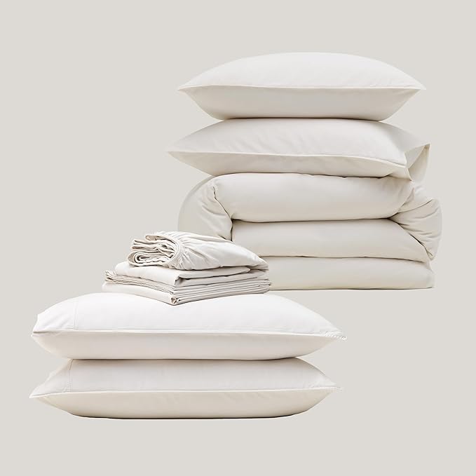 Double Stitch Organic Cotton Queen Bundle: 4-Piece Sheet Set & 3-Piece Duvet Cover, 300 TC Sateen Weave, GOTS Certified Long Staple Cotton, Made in India, Coconut Milk