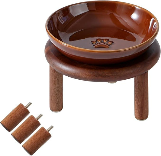 Havniva Elevated Cat Bowls Raised Ceramic Cat Bowl, 5.7” Wide Opening Cat Food Bowl Whisker Friendly Cat Dish Anti-Slip with Wood Stand, Shallow Pet Food & Water Bowl for Indoor Cats