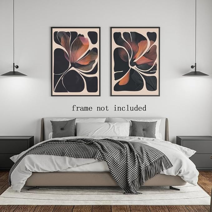 HUYKON Abstract Floral Wall Art Prints Set of 2 Modern Mid Century Botanical Canvas Painting Posters Black Orange Flower Picture Wall Decor Aesthetic for Bedroom Home Decor 16x24inch Unframed