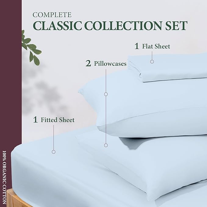 100% Organic Cotton Sheets King Size - Organic Cotton King Size Percale Weave Sheet Set (4 PC, Light Blue), Soft, Cooling, Crisp & Breathable, 16" Deep Pocket Hotel Quality Bedding Set