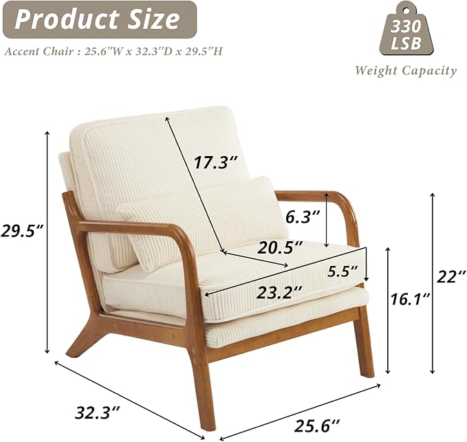 Karl home Mid-Century Modern Accent Reading Chair, Beige | Corduroy Upholstered, Solid Wood Frame, Soft Cushion, Lumbar Pillow, Lounge Armchair for Living Room, Bedroom, Balcony, Study