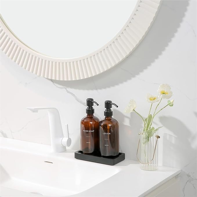 Liquid Dispenser Soap Dispenser Set Glass with Stainless Steel Pump Countertop Soap Bottle(Black Pump+Amber Bottle)