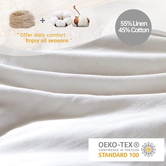 Simple&Opulence French Linen Duvet Cover Set 104"x 92"- 3 Pieces (1 Comforter Cover,2 Pillowcases)-Natural Flax Cotton Blend-Solid Color Breathable Farmhouse Bedding-Off White, King