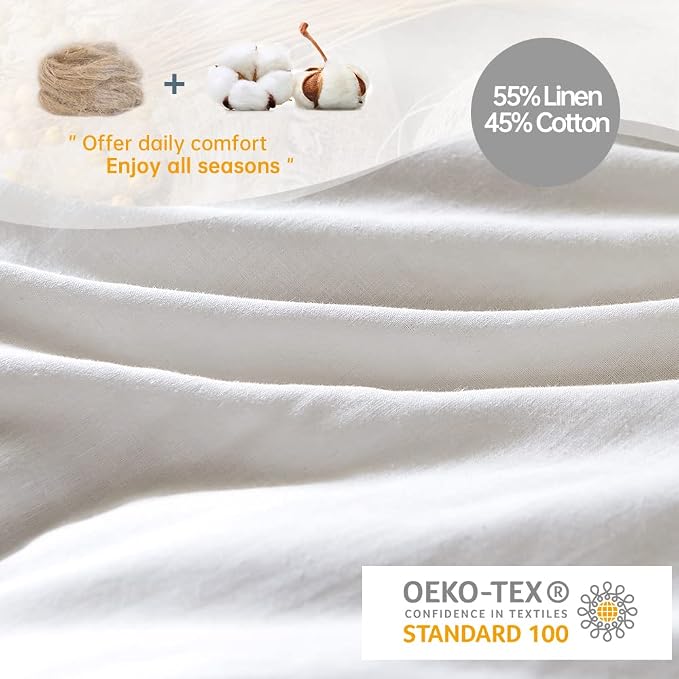 Simple&Opulence French Linen Duvet Cover Set 78" x 86"- 3 Pieces (1 Comforter Cover,2 Pillowcases)- Natural Flax Cotton Blend-Solid Color Breathable Farmhouse Bedding-Off White, Full