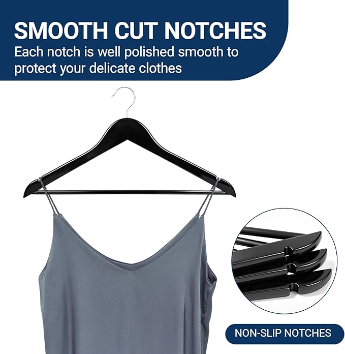 Amber Home Solid Wood Suit Coat Hangers 30 Pack, Smooth Black Finish Wooden Dress Hangers with Non Slip Pant Bar, Clothes Hangers with 360 Swivel Hook & Notches for Jacket, Pant, Shirt (Black, 30)