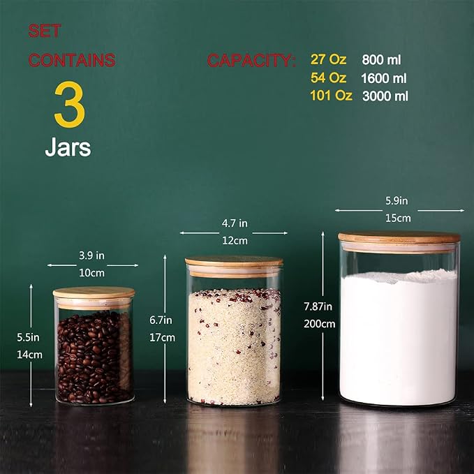 Tzerotone Glass Flour and Sugar Containers, Set of 3 Large Glass Flour Canister with Airtight Lids, Pantry Storage Containers for Suger, Rice, Salt (100 OZ/54 OZ/27 OZ)