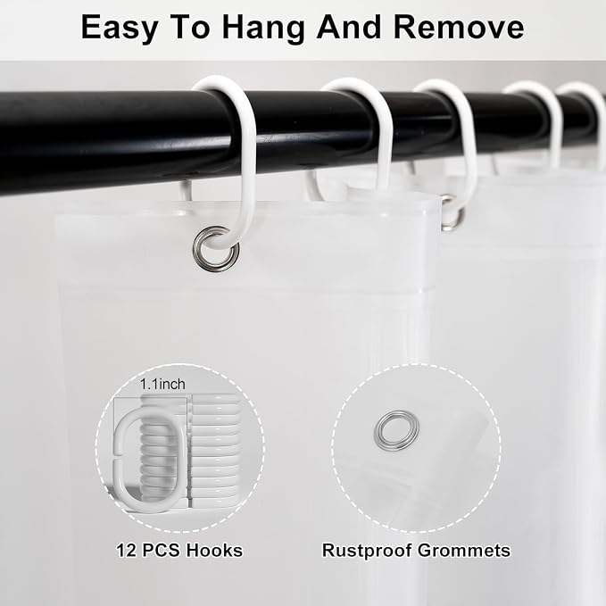 timecity Clear Shower Curtain Liner PEVA Shower Curtain with 3 Magnets Thickened Waterproof Quick Drying Sheer Shower Liner Set with 12 White Plastic Hooks for Bathroom Shower,71x71inch