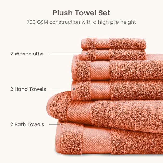 BIOWEAVES 100% Organic Cotton 700 GSM Plush 6-Piece Premium Towel Set GOTS Certified, 2 Bath Towels, 2 Hand Towels & 2 Washcloths - Burnt Orange