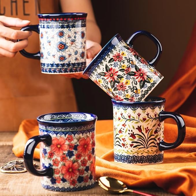 Pottery Coffee Mug,14oz, Hand Painted Ceramic Tea Cups with Unique Design for Hot or Cold Drinks (Snow Ink Plum)