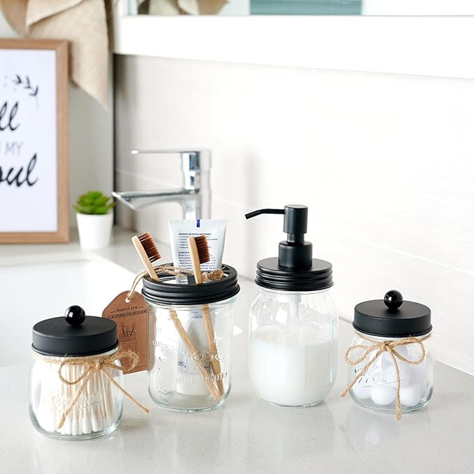 Amolliar 4 Pack Mason Jar Liquid Soap Dispensers, Rustproof Stainless Steel Lid Pump, Waterproof Sticker, Refillable Hand Soap for Bathroom, Kitchen, Dish Soap, Lotion Soap, Farmhouse Decor(Black)
