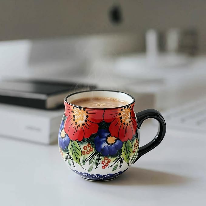 ALMA 12oz Handmade Floral Ceramic Coffee Cup | Microwave & Dishwasher Safe, For Home Office Cabinet Travel, Workspace Remote Workers & Girls