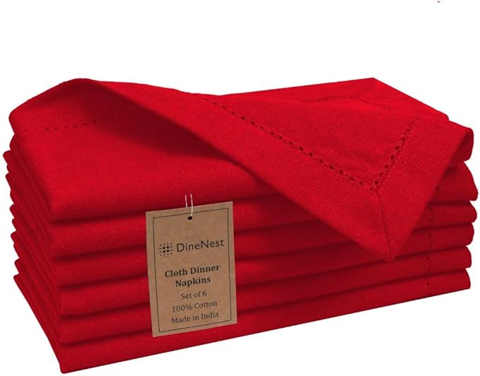 Hemstitch Cloth Dinner Napkins 100% Cotton Set of 6 - for Dining Special Occasions Weddings Parties Holidays Easter - Soft Durable Reusable - Elegant 18x18 Inch Table Cloth Napkins Red