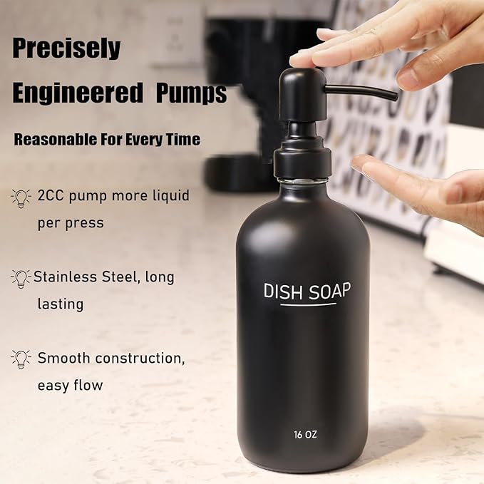 Black & White Soap Dispenser Set, Glass Soap Dispenser with Stainless Steel Pump & Tray, Farmhouse Hand Soap Dispenser & Dish Soap Dispenser for Bathroom Kitchen Sink (B & W hi)