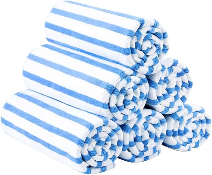 JML Microfiber Beach Towels, 6 Pack, 30" x 60", Cabana Stripe, Soft, Absorbent, Quick Dry Bath Towel Set for Adults, Travel, Summer Swimming Pool Party, Sport, Yoga, Camping, Stripe Blue and White