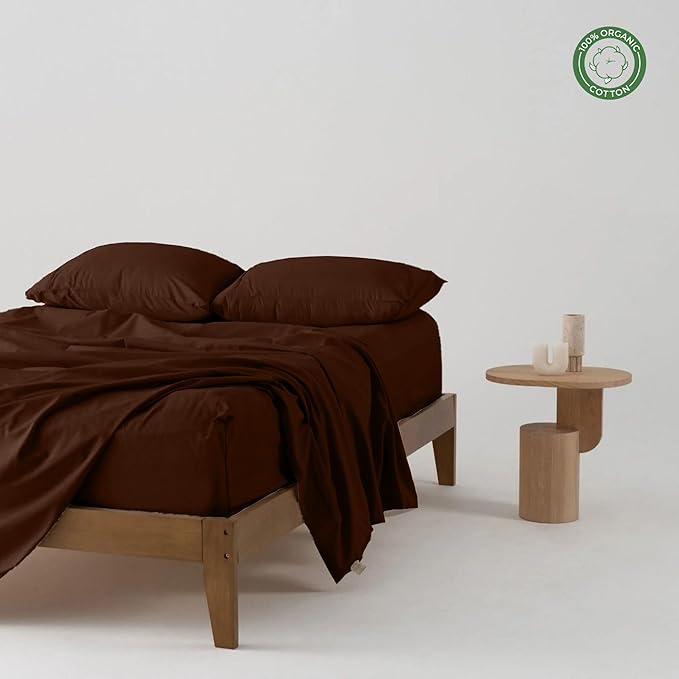 Pure 100% Certified Organic Cotton Bed Sheet Set 1000 Thread Count, 4 Piece Bedding Set, 24" Extra DEEP Pocket, Crisp and Cooling Sateen Weave, Eco-Friendly -(Chocolate, Short Queen)