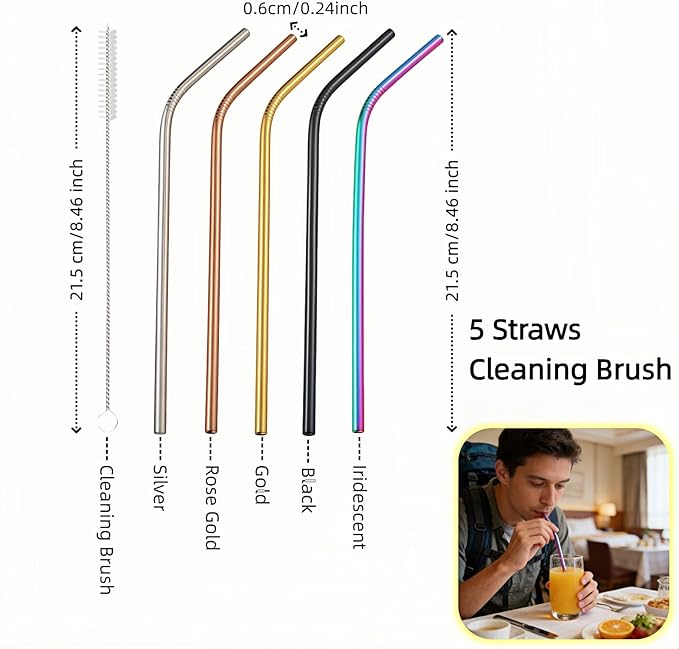 Reusable Stainless Steel Bent Straws, 5 Pack, 8.5 Inch, Food-Grade Metal Drinking Straws with Cleaning Brush, Silver, Black, Rose Gold, Gold, Iridescent
