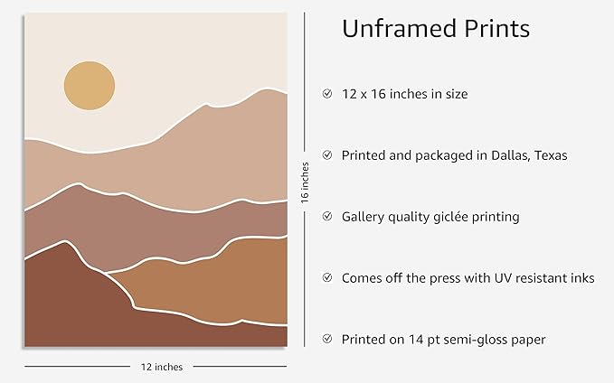 Y2K BOO Abstract Mountain Landscape UNFRAMED Wall Art Sun Rolling Hills Earth Tones Terracotta Mid Century Modern 12x16 Inch Heavyweight Paper Minimalist Studio Decor