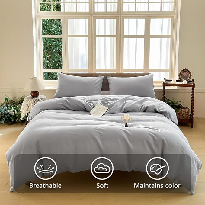 100% French Flax Linen Duvet Cover Set Full, 3-Piece Soft Breathable Cooling Bedding for Hot Sleepers, Natural Washed Linen with Zipper Closure & 8 Corner Ties (Full, Grey)