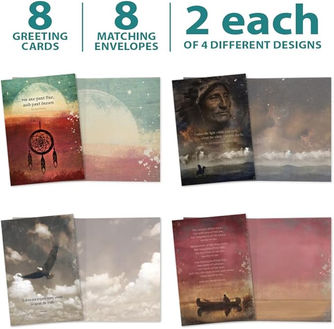 Tree-Free Greetings - All Occasion Cards - Artful Designs - 8 Assorted Cards + Matching Envelopes - Made in USA - 100% Recycled Paper - 5 x 7 - Native American Wisdom (GA31433)