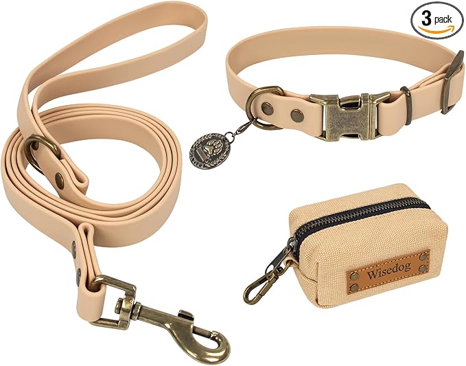 Wisedog Waterproof Dog Collar and Leash Set, XS, Sand Color | Adjustable Puppy Collar, Cute Tag, 4FT Dog Leash, Includes Poop Bag, For Small Medium Large Dogs