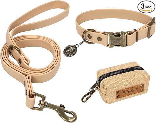 Wisedog Waterproof Dog Collar and Leash Set, S, Sand Color | Adjustable Puppy Collar, Cute Tag, 4FT Dog Leash, Includes Poop Bag, For Small Medium Large Dogs