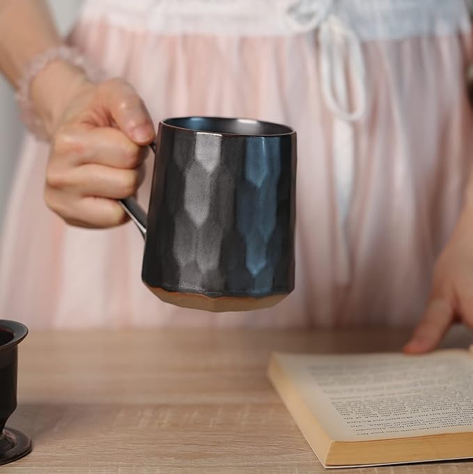 Personalized Handmade Stoneware Coffee Mug, Pottery Artisan Drinking Cup Coffee Cup, Insulated Ceramic Tea Mug for Home, Office or Gifts, Artistic Geometric, Metallic Black 14oz