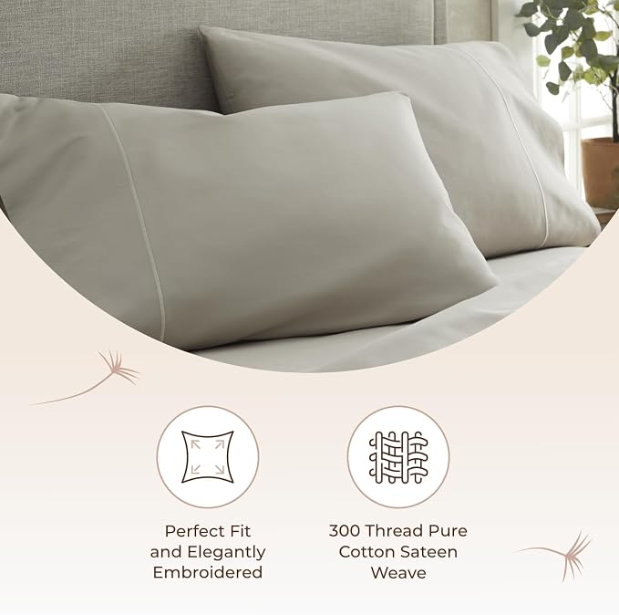 100% Organic Cotton Pillow Cases Queen Size Set of 2-100% Cotton Pillowcases GOTS Certified 300 Thread Count - Naturally Cooling Comfortable Breathable & Soft Pillow Cases (Pewter, Queen)
