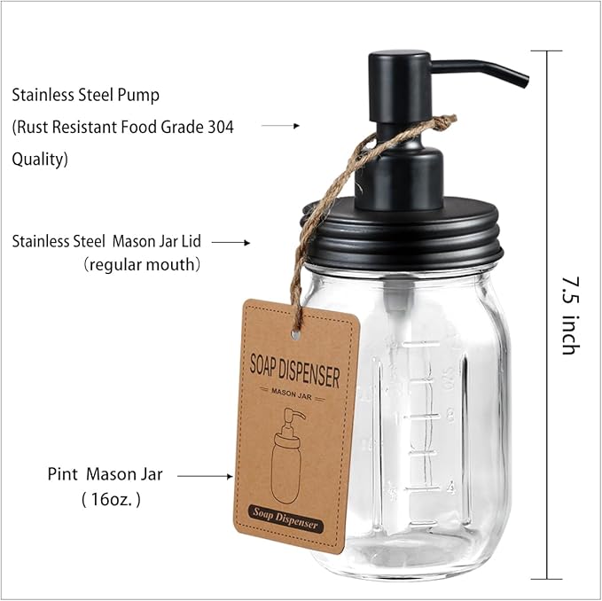 Amolliar 4 Pack Mason Jar Liquid Soap Dispensers, Rustproof Stainless Steel Lid Pump, Waterproof Sticker, Refillable Hand Soap for Bathroom, Kitchen, Dish Soap, Lotion Soap, Farmhouse Decor(Black)