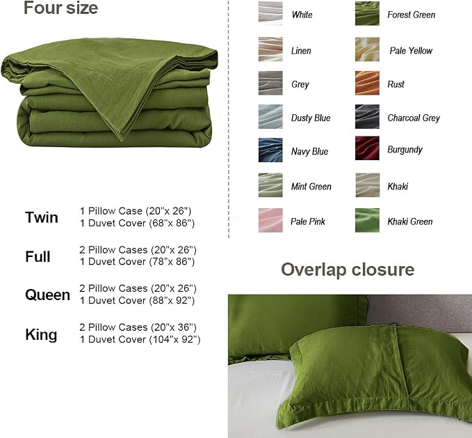 Simple&Opulence French Linen Duvet Cover Set 104"x 92"- 3 Pieces (1 Comforter Cover,2 Pillowcases)-Natural Flax Cotton Blend-Solid Color Breathable Farmhouse Bedding-Forest Green, King
