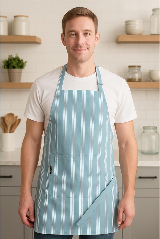 AMOUR INFINI Cotton Striped Aprons for Women with Pockets - Adjustable Strap and Waist Ties Printed Apron for Baking, Cooking, Gardening (27.5 x 33 Inches - Dove Blue)