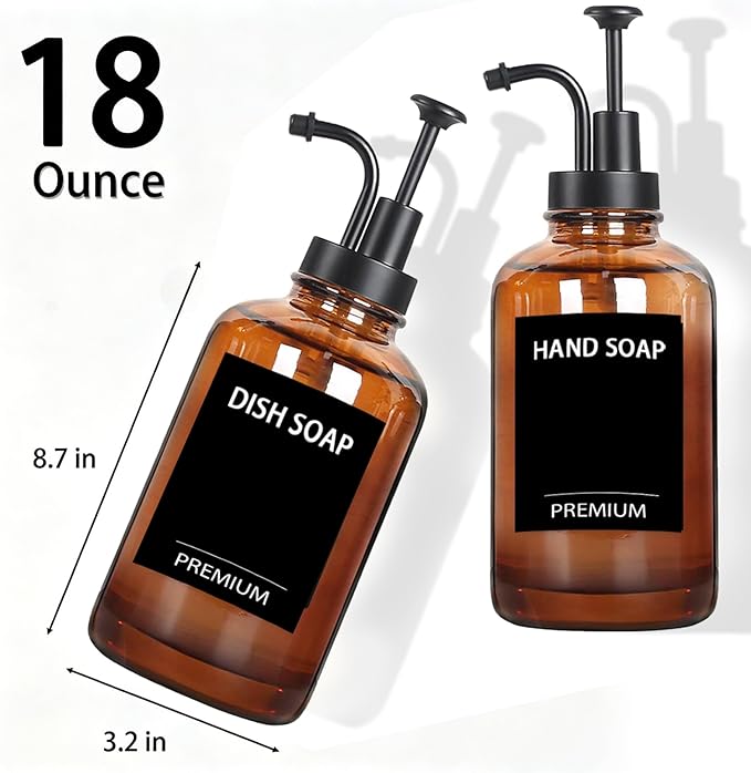 Amber 18 Oz Dish Soap Dispenser for Kitchen, Ultra-Thick Glass Soap Dispenser Set with Tray, Pump, Funnel for Bathroom, Liquid, Lotion, Shower, Laundry, (2 Pack with 12 Stickers)