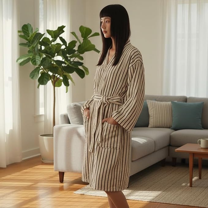 Cotton Terry Stripe Bathrobe For Women And Men,Luxury Kimono Soft Terry Cloth Robe,Comfortable Loungewear Nightwear