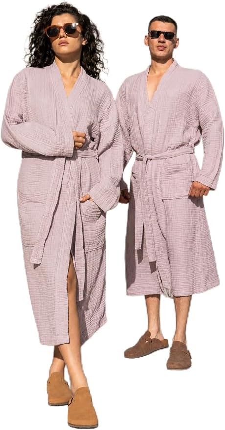 Muslin Unisex Bathrobe Women & Men, 100% Cotton Kimono Lightweight Robe | Long Robes Soft, Absorbent, Spa robes