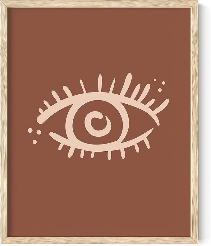 Mystical Evil Eye Wall Art Nazar Protection Symbol Earth Tones Terracotta Mid Century Modern 16x20 Inch Oak Wood Beige Framed Boho Spiritual Decor Print for Home