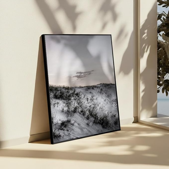 Monem Art Snowy Sand Dunes Landscape Print - Minimalist Winter Nature Poster - Wall Decor for Living Room, Bedroom or Office - 24x32 Black Framed CANVAS Wall Art by Mareike Bohmer