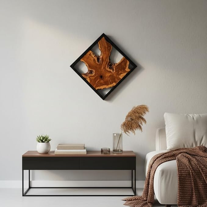 Warmaxx Teak Wood Wall Art 16.9"x16.9" Rustic Farmhouse Natural Wood Decor Home Office Dorm Square Handmade Live Edge Brown Wooden Wall Décor Living Room Bedroom Hallway