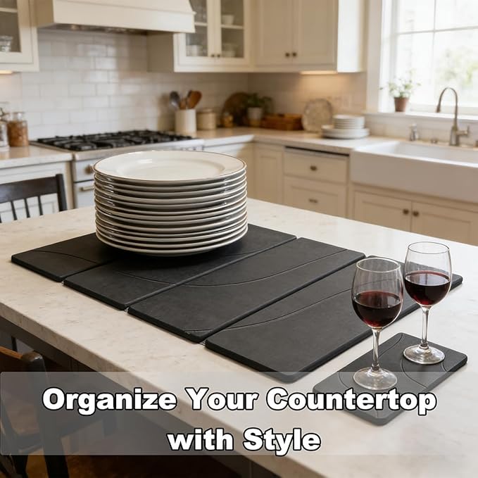 23.6"×15.7" Diatomaceous Earth Stone Dish Drying Mat, Foldable Super Absorbent Quick Dry Non-Slip Eco-Friendly Pad for Kitchen Counter, Dishes, Cups, Bottles & Utensils, Dark Gray
