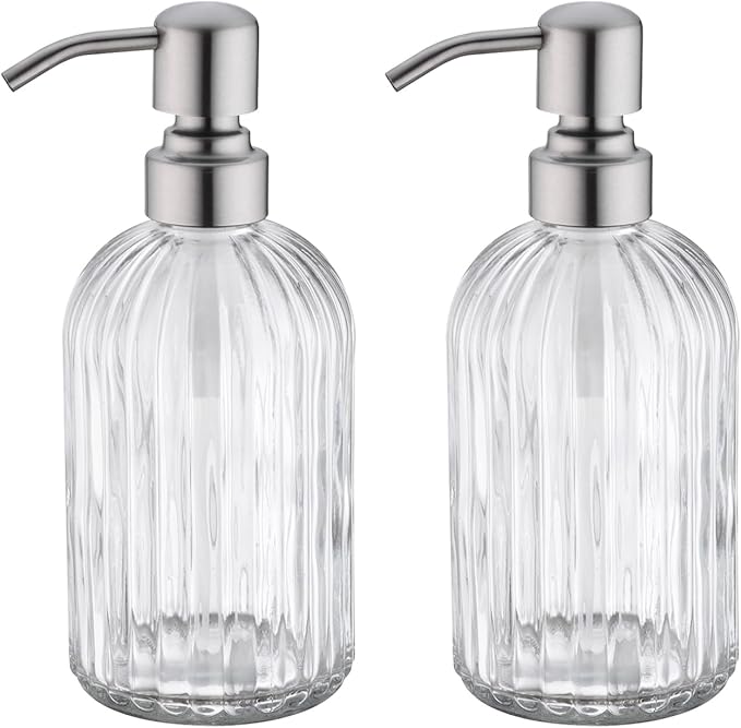 Glass Soap Dispensers for Kitchen and Bathroom, 16oz Heavey Glass Bottle, Stainless Steel Brushed Nickel Pump,Clear Farmhouse Bathroom Soap Dispenser,2 Packs